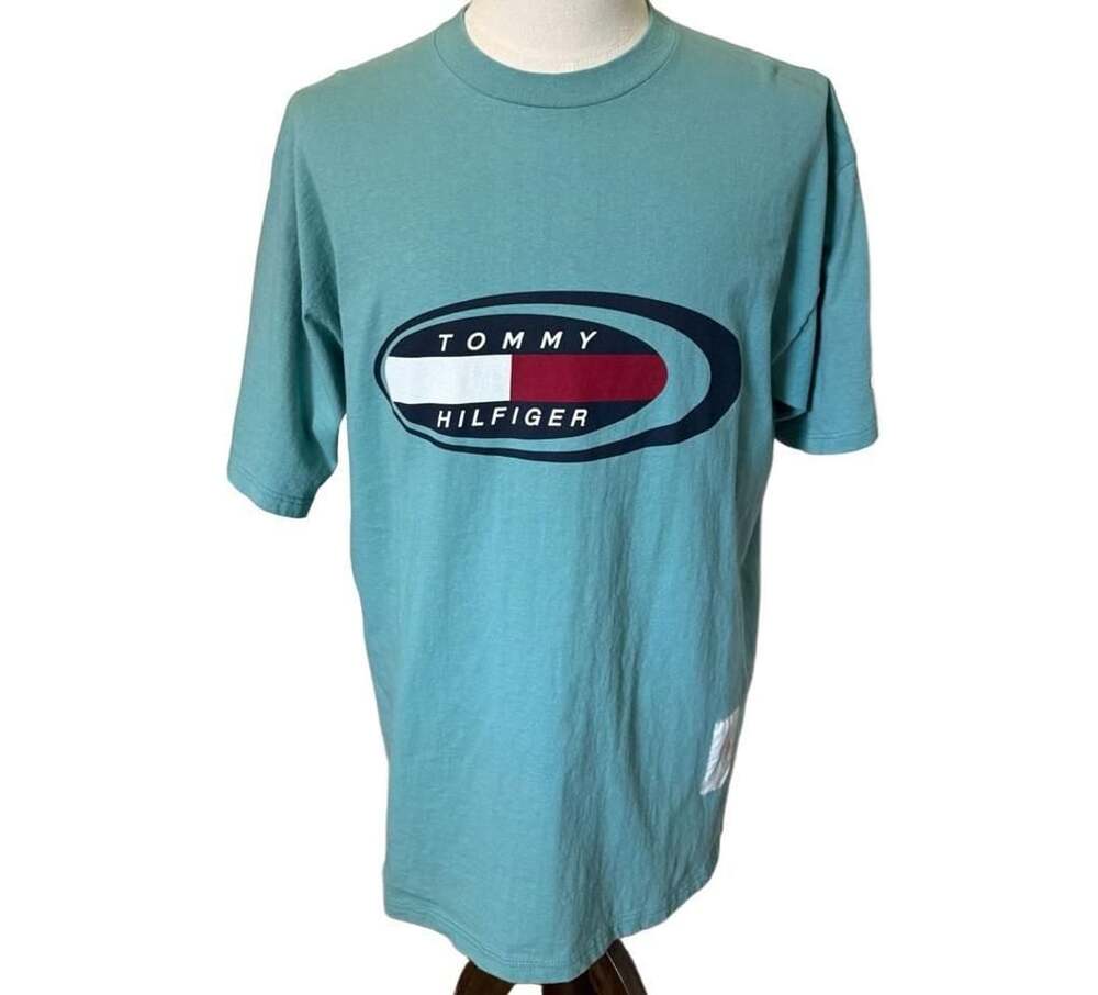 Vintage Tommy Hilfiger Oval Logo Graphic Tee Teal Blue Made in USA XXL